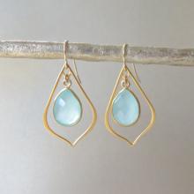 Gold Dangle Earrings with Aqua Chalcedony Drops