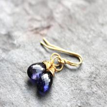 Gold Iolite Earrings Classic Delicate Drop Blue Gemstone Earrings 14k GF Gold Fill