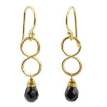 Gold Plated Black Onyx Earrings, 'Infinity'