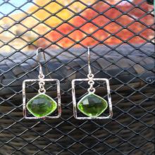 Green Bezel Silver Hammered Rectangle Earrings, Peridot Chalcedony Earrings, Sterling Silver Earrings