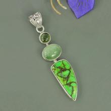 Green Copper Turquoise, Prehnite & Idocrase Gemstone 925 Sterling Silver Unique Gift Pendant Jewelry, Bezel Set Designer Pendant
