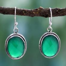 Green Onyx Earrings in Sterling Silver Handmade in India, 'Luscious Green'