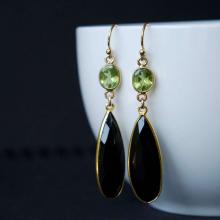 Green Peridot and Black Onyx Gemstone Earrings, 14K Gold Filled Peridot and Black Onyx Bezel Set Earrings