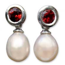 Hand Crafted Garnet and Cultured Pearl Earrings, 'Halo Light'