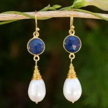 Hand Crafted Gold Plated Earrings with Pearls and Sapphires, 'Midnight Moon