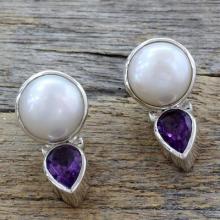 Hand Crafted Pearl and Amethyst Earrings from India, 'Flirting Moons'