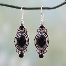 Hand Made Black Onyx and Silver 925 Hook Style Earrings, 'Johari Night'