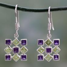 Hand Made Earrings Peridot and Amethyst Sterling Silver , 'Jigsaw Riddle'