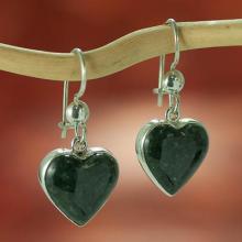 Hand Made Heart Shaped Sterling Silver Dangle Jade Earrings, 'Wild Heart'