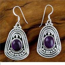 Hand Made Sterling Silver and Amethyst Dangle Earrings, 'Charm of India'