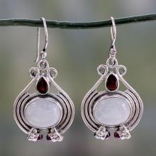 Handmade Rainbow Moonstone and Garnet Earrings, 'Mysterious Mist'