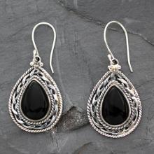 Handmade Sterling Silver and Onyx Indian Earrings, 'Palace Memories'