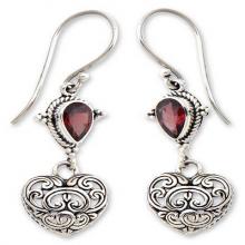 Heart Shaped Sterling Silver and Garnet Earrings, 'Love's Compassion'