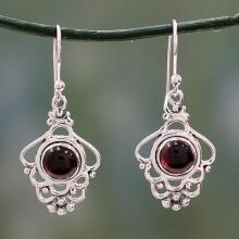 India Artisan Jewelry Sterling Silver and Garnet Earrings, 'Cascading Beauty'