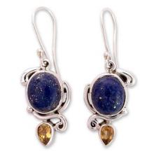 Indian Earrings with Lapis Citrine and Sterling Silver, 'Royal Charm'