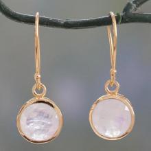 Indian Gold Vermeil Hook Earrings with Rainbow Moonstone, 'Elite Discretion'