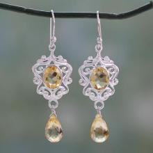 Indian Silver Dangle Earrings with 5 Carats of Citrine, 'Golden Dewdrops'