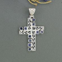 Iolite Gemstone Pendant, Set in Sterling Silver Jewelry, Designer Cross Pendant Jewelry