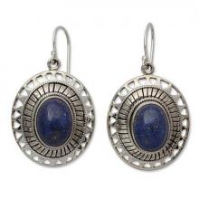 Lapis Lazuli Earrings from India Silver Jewelry Collection, 'Tribal Medallion'