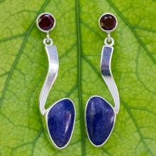 Lapis Lazuli Silver Earrings with Garnet, 'Being Bold