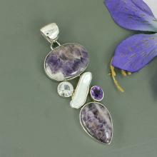 Large Amethyst Lace, Clear Crystal, Fresh Water Pearl Multi Gemstone Pendant, 925 Sterling Silver Handmade Pendant Jewelry