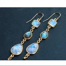 Long Rainbow Moonstone and Labradorite Earrings - Geometric Earrings - Gemstone Earrings - Dangle Earrings - Gold Earrings