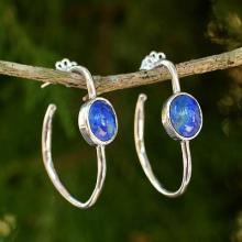 Modern Silver Half Hoop Earrings with Lapis Lazuli, 'Modern Moonlight'