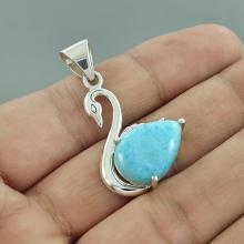 Natural Dominican Larimar Gemstone Pendant, 925 Sterling Silver Duck Shape Pendant, Prong Set Gift Pendant, Unique Gift Jewelry