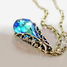 Ocean Blue Necklace Blue Crystal Necklace Aqua Blue Pendant Necklace Antique Gold Brass Chain Victorian Jewelry Blue Teardrop