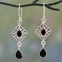 Ornate Black Onyx and Sterling Silver Dangle Style Earrings, 'Regal in Black'