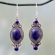 Ornate Sterling Silver Dangle Earrings with Lapis Lazuli, 'Johari Treasure'