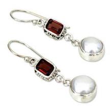 Pearl and Garnet Sterling Silver Earrings, 'Pure Passion'.