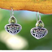 Peridot Sterling Silver Heart Shaped Earrings, 'Heart's Desire'