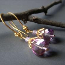 Pink Amethyst Earrings, Gold Vermeil, Quartz Gemstone Trillion Dangle Earrings, Sparkle Lavender Earrings