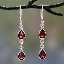 Polished Silver Dangle Earrings with Pear Shaped Garnets, 'Mystical Femme'