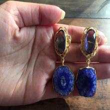 Purple Glass and Blue Agate Earrings Statement Earrings Natural Gemstone Earrings Gold Earrings