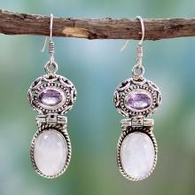 Rainbow Moonstone and Amethyst Dangle Earrings, 'Mystic'