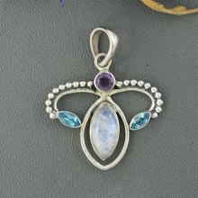 Rainbow Moonstone, Blue Topaz & Amethyst Pendant, Solid Sterling Silver Jewelry, Bezel Set Designer Jewelry, Birthstone Gift