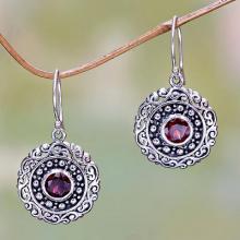 Round Sterling Silver and Garnet Dangle Earrings, 'Solar Flares'