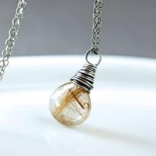 Rutilated Quartz Necklace Golden Gemstone Jewelry Gemstone Pendant Women Jewelry Oxidized Silver Drop Necklace Wrap Teardrop Pendant