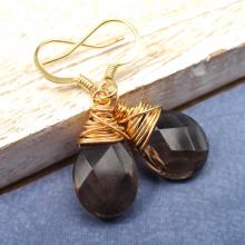 Smokey Quartz Earrings, Gold Wire Wrapped Earrings, Brown Gemstone Earrings, stone earrings