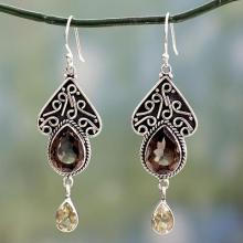 Smoky Quartz on Sterling Silver Artisan Crafted Earrings , 'Queen of Jaipur'