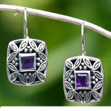 Sterling Silver Amethyst Drop Earrings, 'Cassava Leaves'