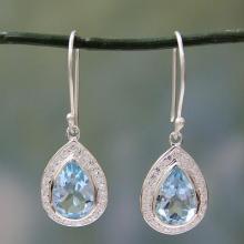 Sterling Silver and 3 ct Blue Topaz Dangle Earrings, 'Azure Dewdrop'