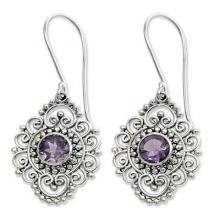 Sterling Silver and Amethyst Dangle Earrings, 'Royal Medallion'