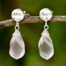 Sterling Silver and Rose Quartz Artisan Crafted Earrings, 'From Chiang Mai with Love'