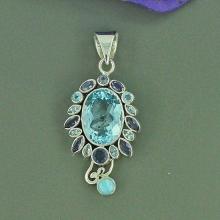 Swiss Blue Topaz, Iolite & Dominican Larimar Multi Gemstone Pendant, Solid 925 Sterling Silver Pendant, Bezel Filigree Gift Pendant Jewelry