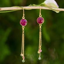 Thai Sapphire and Tourmaline Gold Plated Silver Earrings, 'Pink Moonlight'