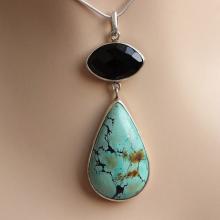 Turquoise pendant - Bezel pendant - Turquoise black onyx pendant - Drop pendant - Gemstone silver pendant