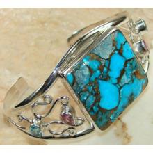 Turquoise, Blue Topaz, Pink Topaz Faceted Bangle 925 Sterling Silver